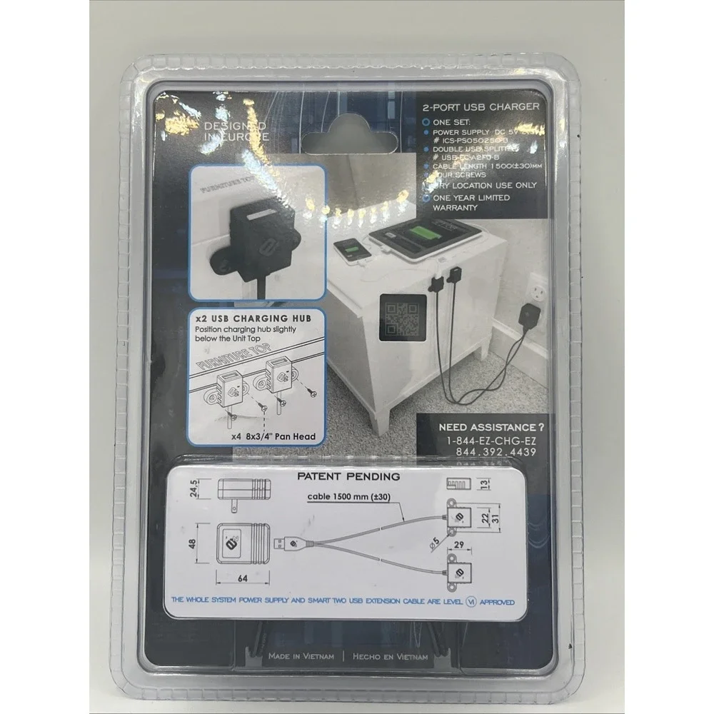 NEW EZ Collection 2 Port USB Charger Intelligent Charging System For Side Of Bed
